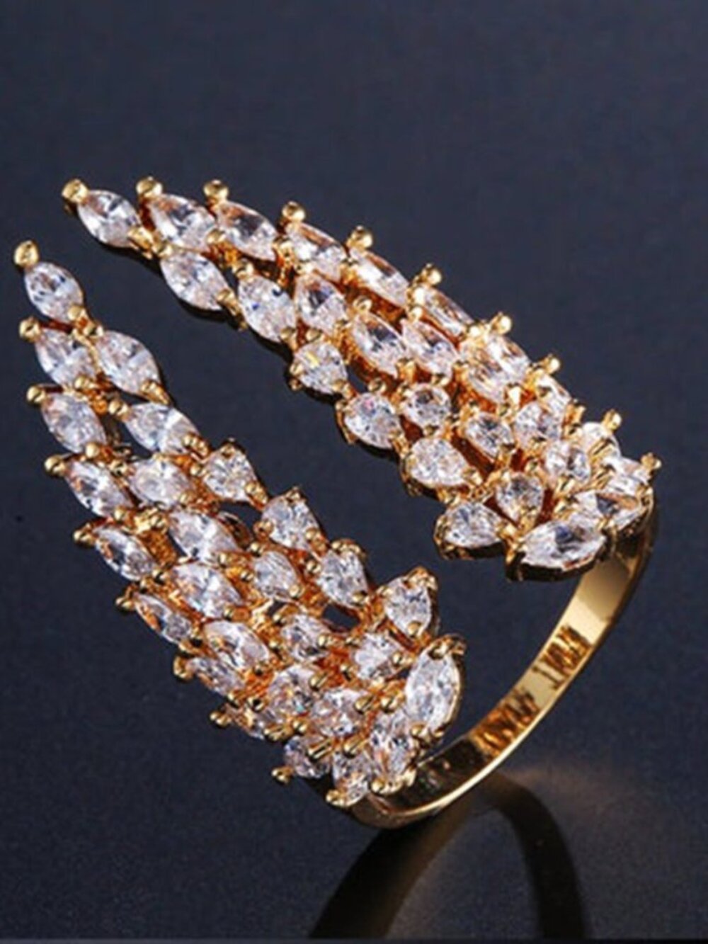 NEW 14K GOLD PLATED MICRO PAVED CZ RESIZABLE FEATHER ANGEL WING RING, WAAL1319